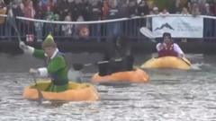 Watch: Dozens of giant pumpkins hit the water for rowing race
